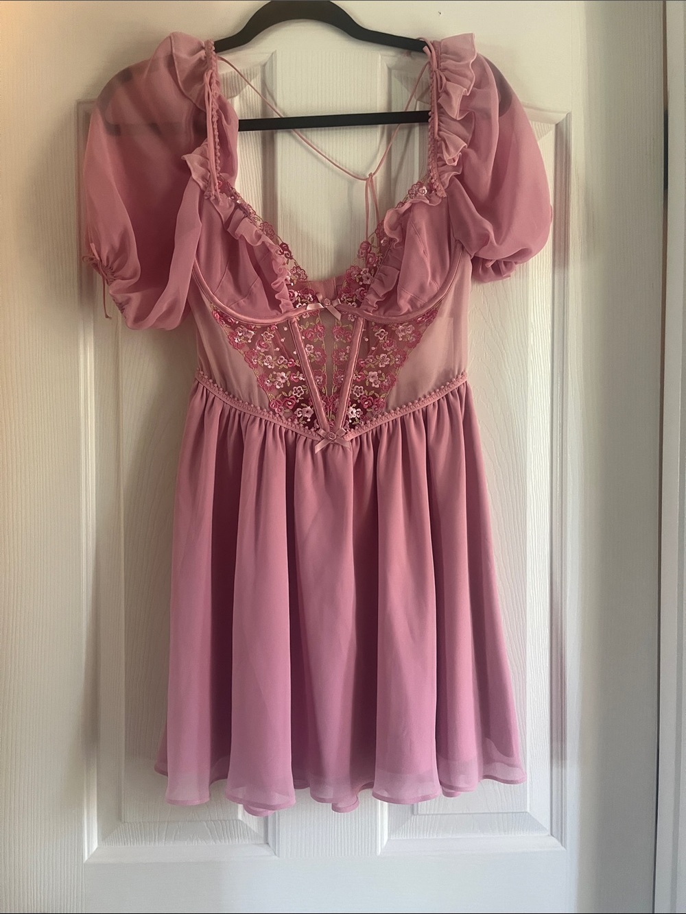 For Love & Lemons Pink Puff Sleeve Mini Dress